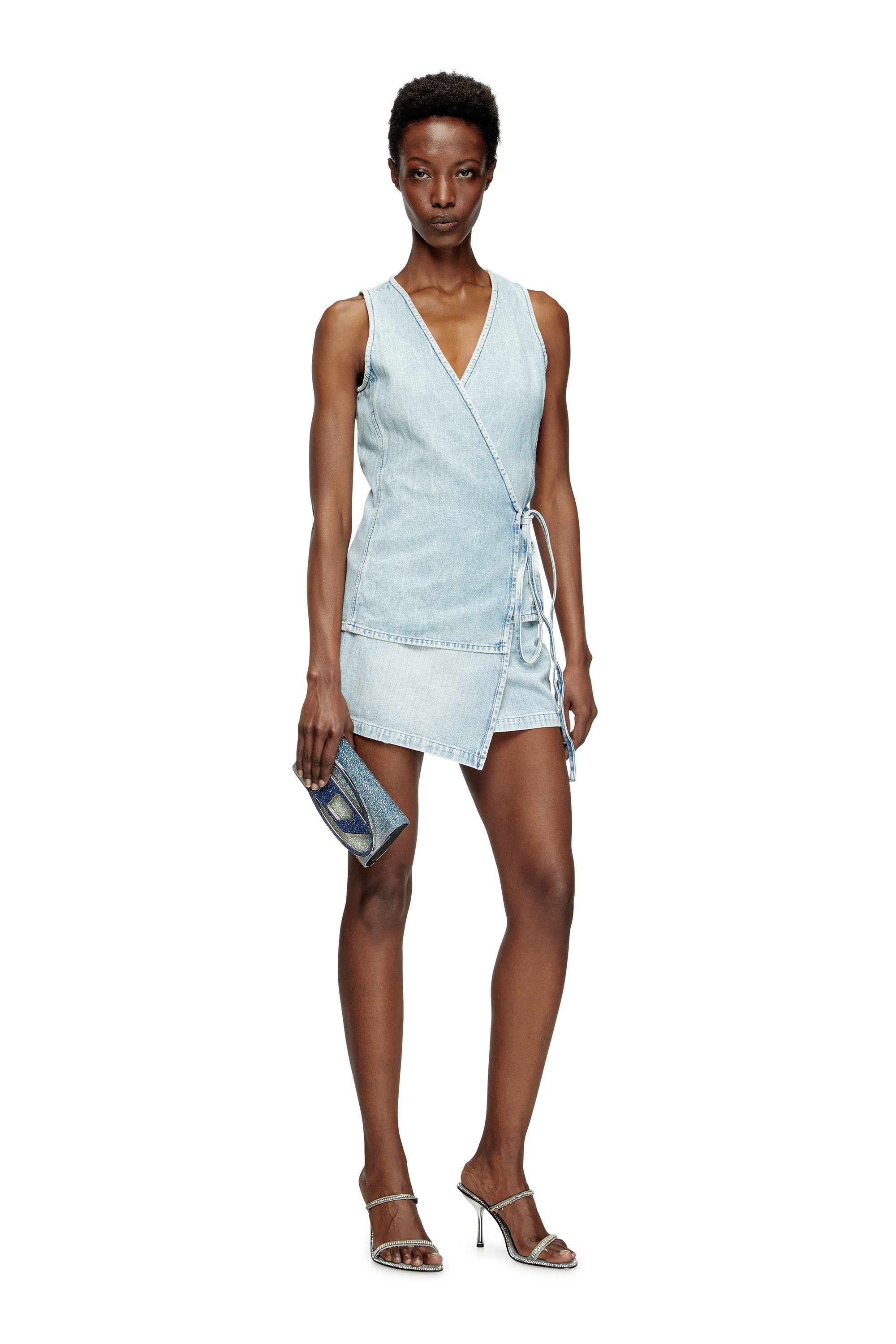 Diesel - DE-LEM-MINI, Damen Kurzer Wickel-Rock aus Fischgrät-Denim in Hellblau - 2
