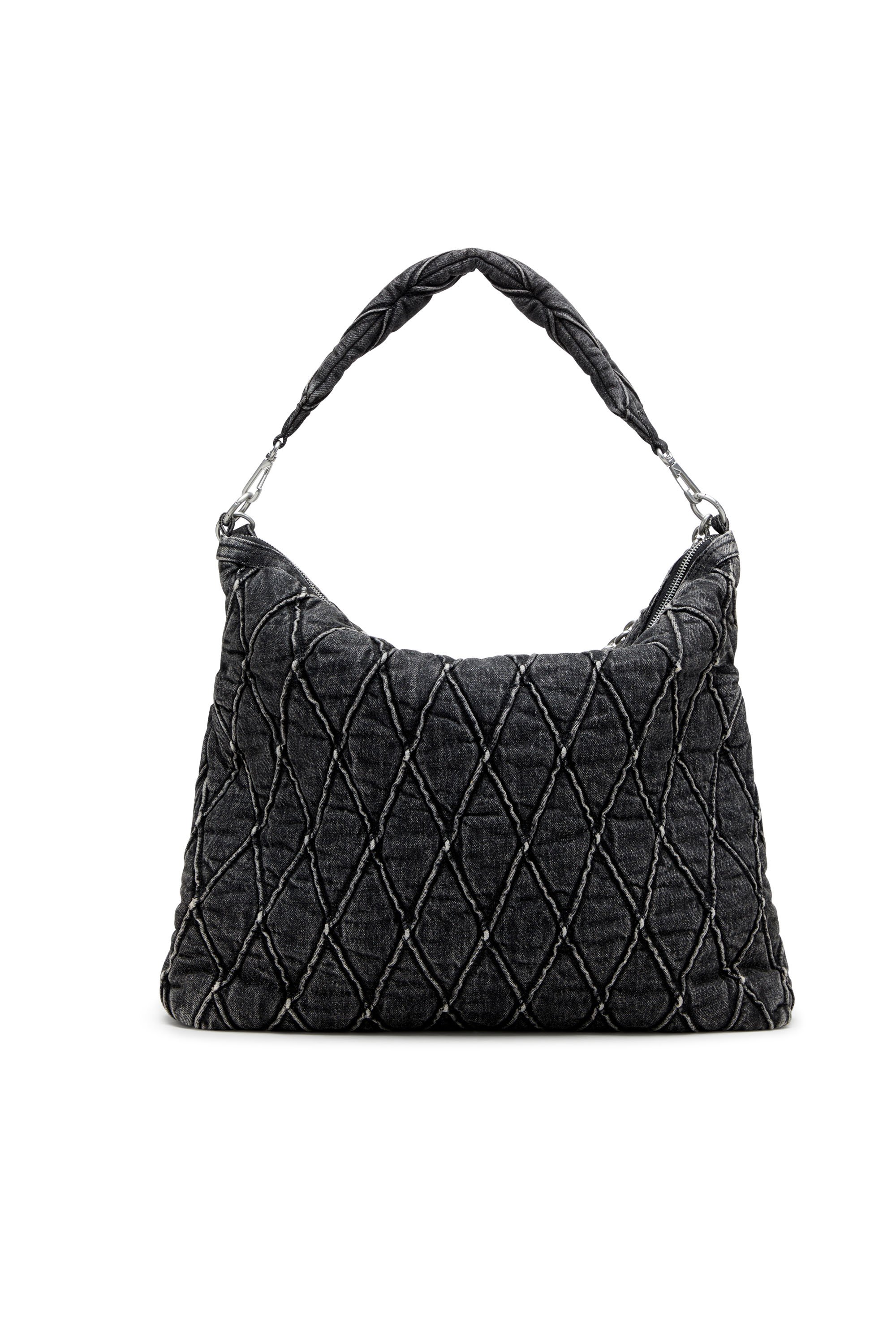 Diesel - CHARM-D HOBO, Damen Charm-D-Große Hobo-Tasche aus behandeltem, gestepptem Denim in Schwarz - 3