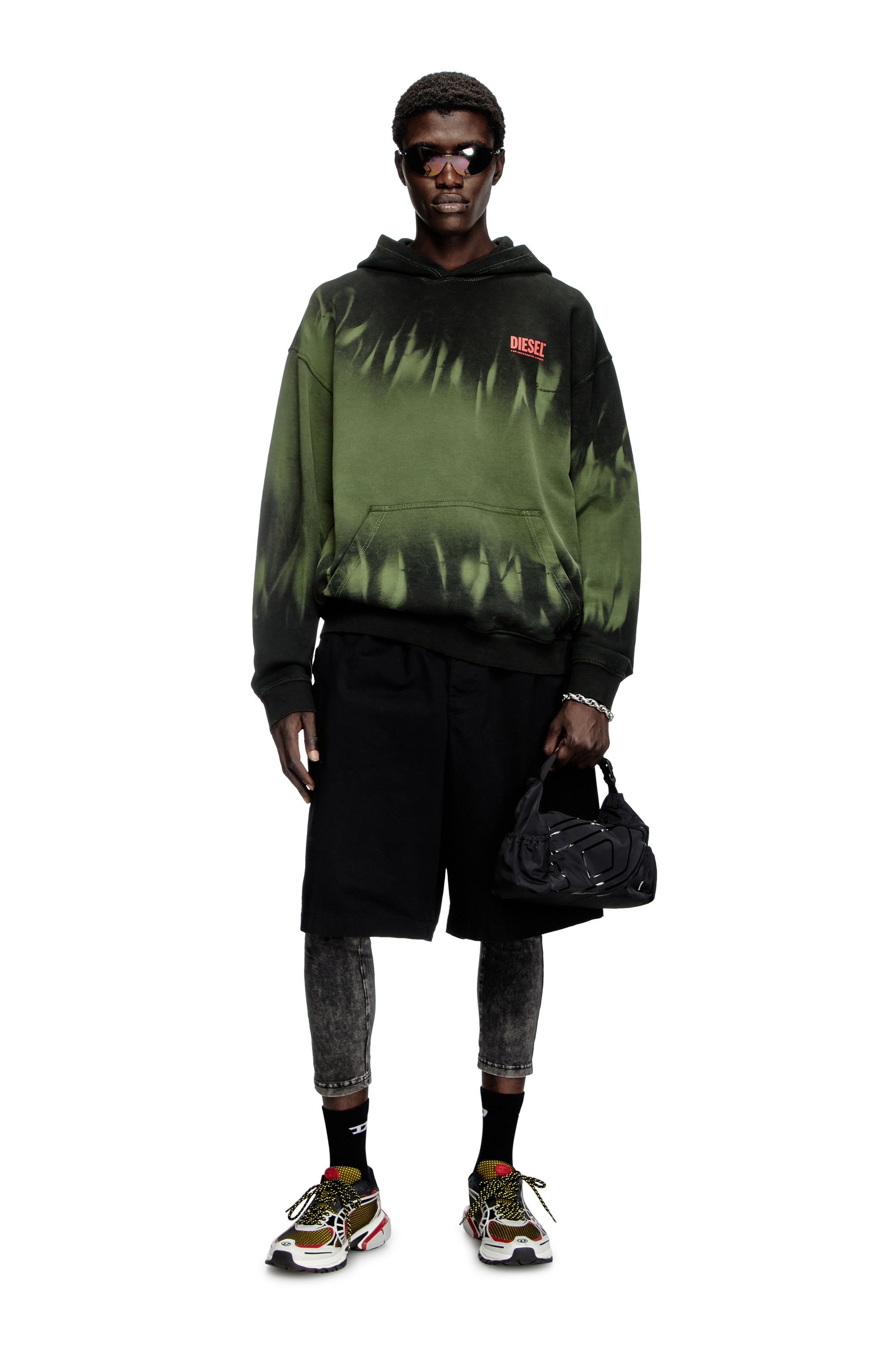 Diesel - S-BOXT-HOOD-R2, Man's Tie-dyed hoodie with logo print in Black/Green - 3